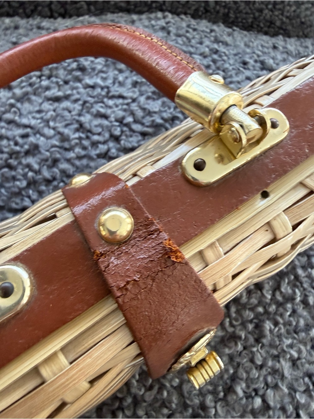 Vintage Woven Rattan Handbag with Brown Leather Trim - Picture 3 of 11